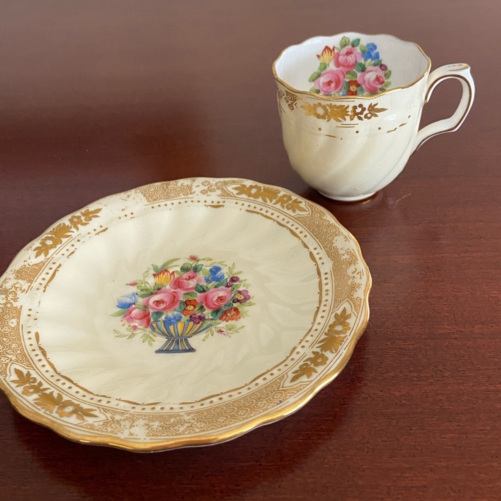 Lovely Minton English Bone China Demitasse Cup & Saucer ~ Gold Trim w/ Flowers